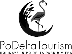Logo Po Delta Tourism con fenicottero, rete turistica del Parco del Delta del Po partner del villaggio Lido di Pomposa